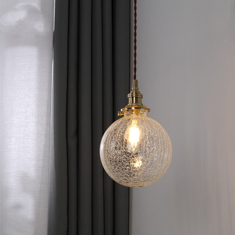 Japanese Round Retro Bedroom Bedside Chandelier / Walnut cracked glass ball