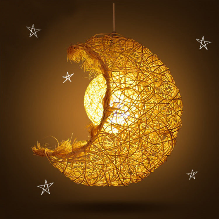 Pastoral Rattan Moon Pendant Light / Without Light Source / Rattan Itself