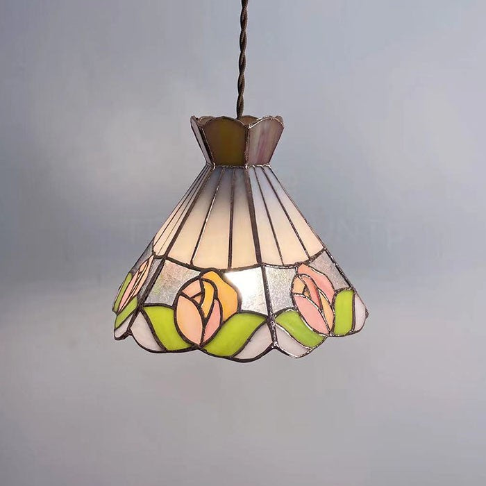 French Vintage Rose Stained Glass Pendant Light / A